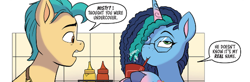 Size: 592x195 | Tagged: safe, artist:abby bulmer, idw, imported from derpibooru, hitch trailblazer, earth pony, pony, unicorn, spoiler:comic, spoiler:g5comic, spoiler:g5comic19, female, g5, happy, mare, misty brightdawn, official, official comic, open mouth, smiling