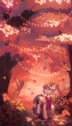 Size: 2302x4000 | Tagged: safe, artist:tyutya, imported from derpibooru, forest fall, oc, pegasus, pony, autumn, background, clothes, female, forest, forest background, garland, glasses, mare, nature, scarf, solo, tree, wings