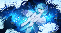 Size: 5000x2731 | Tagged: safe, artist:tyutya, imported from derpibooru, oc, oc:siriusnavigator, pegasus, pony, female, lying down, mare, moki, solo, solo female, spread wings, water, wings