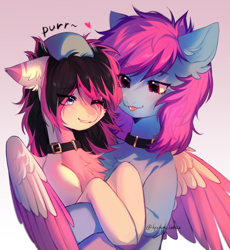 Size: 3640x3963 | Tagged: safe, artist:tyutya, imported from derpibooru, oc, oc only, oc:lunylin, oc:nohra, earth pony, pegasus, chest fluff, collar, colored belly, colored wings, couple, cute, ear fluff, earth pony oc, hug, patting, pegasus oc, smiling, text, wings