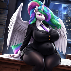 Size: 1024x1024 | Tagged: safe, derpibooru exclusive, imported from derpibooru, princess celestia, alicorn, anthro, ai content, ai generated, alternate hairstyle, bedroom eyes, belly, big breasts, breasts, business suit, busty princess celestia, chubby, chubbylestia, clothes, curvy, fat, female, g4, generator:stable diffusion, hourglass figure, huge breasts, necktie, office, prompter:professordoctorc, skirt, socks, stockings, thigh highs, thighs, thunder thighs, wide hips, wings