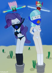 Size: 828x1159 | Tagged: safe, artist:robukun, imported from derpibooru, coco pommel, fluttershy, rainbow dash, rarity, human, equestria girls, asphyxiation, bikini, bikini bottom, bikini top, bondage, bound and gagged, chained, chains, cloth gag, clothes, drowning, gag, goggles, humanized, over the nose gag, rescue, swimsuit