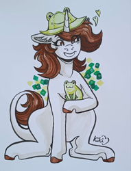 Size: 1760x2303 | Tagged: safe, artist:kikirdcz, imported from derpibooru, oc, frog, pony, unicorn, female, hat, mare, solo, traditional art