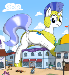 Size: 1999x2156 | Tagged: safe, artist:qkersnll, imported from derpibooru, pony, unicorn, armor, dialogue, featureless crotch, female, giantess, guardsmare, macro, mare, royal guard, size difference