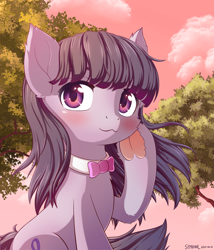 Size: 1800x2100 | Tagged: safe, artist:symbianl, imported from derpibooru, octavia melody, earth pony, pony, blushing, bowtie, cloud, colored underhoof, cute, eyebrows, female, frog (hoof), g4, hoof heart, looking at you, mare, outdoors, raised hoof, signature, sky, smiling, smiling at you, solo, tavibetes, tree, underhoof
