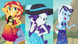 Size: 3416x1920 | Tagged: safe, imported from derpibooru, screencap, rarity, sunset shimmer, trixie, equestria girls, equestria girls series, forgotten friendship, adorasexy, arm behind head, bag, beach, beach babe, belly button, bikini, bikini babe, bikini top, bowtie, clothes, comparison, cropped, cute, diatrixes, female, g4, geode of empathy, geode of shielding, hand on hip, happy, hat, magical geodes, midriff, pose, raribetes, sarong, sexy, shimmerbetes, shoulder bag, skirt, smiling, stomach, stupid sexy rarity, stupid sexy sunset shimmer, stupid sexy trixie, sultry pose, sun hat, sunglasses, sunset selfie, swimsuit, trio, trio female