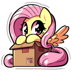 Size: 1024x1024 | Tagged: safe, artist:fluttershysaidsyayyy, imported from derpibooru, fluttershy, pony, box, cardboard box, cute, g4, my little pony, pony in a box, simple background, sticker, transparent background, vector, wingding eyes