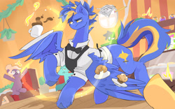 Size: 3209x2000 | Tagged: safe, artist:madiwann, imported from derpibooru, oc, oc only, oc:shining trophy, pegasus, pony, pony town, bakery, bowtie, cafe, complex background, female, flying, food, male, mare, muffin, raised hoof, restaurant, stallion, waitress