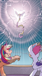 Size: 484x870 | Tagged: safe, idw, imported from derpibooru, sunny starscout, zipp storm, earth pony, nymph, pegasus, pony, spoiler:comic, spoiler:g5, spoiler:g5comic, dramatic, g5, lightning, magic, milkyway, rain, shocked