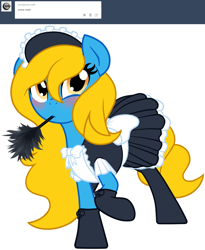 Size: 1280x1562 | Tagged: safe, artist:furrgroup, imported from derpibooru, oc, oc:internet explorer, earth pony, pony, ask internet explorer, blushing, browser ponies, clothes, duster, internet explorer, maid, mouth hold, simple background, solo, white background