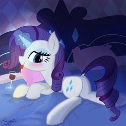 Size: 2048x2048 | Tagged: safe, artist:rayelli, imported from derpibooru, rarity, pony, unicorn, alcohol, bed, bedroom eyes, blushing, butt, cute, female, glass, looking at you, lying down, magic, night, raribetes, rearity, solo, solo female, tongue out, wine, wine glass