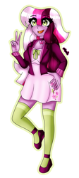 Size: 1269x2829 | Tagged: safe, artist:dazzlingmimi, imported from derpibooru, cherry blossom (g3), human, equestria girls, clothes, cutie mark, cutie mark on clothes, equestria girls-ified, g3, g3 to equestria girls, generation leap, not cheerilee, open mouth, peace sign, simple background, transparent background