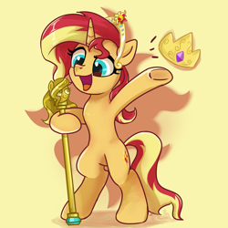 Size: 3000x3000 | Tagged: safe, artist:brella, imported from derpibooru, sunset shimmer, pony, unicorn, bipedal, crown, female, g4, high res, horn, jewelry, mare, open mouth, open smile, regalia, scepter, signature, simple background, smiling, solo, underhoof, yellow background