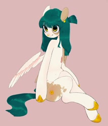 Size: 1558x1826 | Tagged: safe, artist:iorismlp, imported from derpibooru, oc, oc only, oc:jade crest, pegasus, belly button, golden eyes, nose piercing, piercing, ponytail, sitting