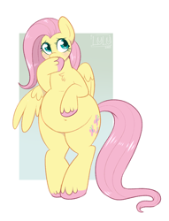 Size: 794x1038 | Tagged: safe, artist:lulubell, imported from derpibooru, fluttershy, pegasus, pony, adorafatty, belly, belly button, big belly, bipedal, blushing, chubby, cute, fat, fattershy, female, freckles, mare, shyabetes, solo