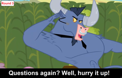 Size: 1920x1232 | Tagged: safe, edit, edited screencap, imported from derpibooru, screencap, iron will, minotaur, comic:celestia's servant interview, putting your hoof down, caption, cs captions, interview, male, necktie, solo, text