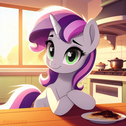 Size: 2048x2048 | Tagged: safe, artist:ponaiart, imported from derpibooru, sweetie belle, pony, unicorn, friendship is magic, sisterhooves social, ai content, ai generated, female, g4, mare, missing cutie mark, my little pony, solo