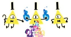 Size: 1909x988 | Tagged: safe, imported from derpibooru, applejack, fluttershy, pinkie pie, rainbow dash, rarity, twilight sparkle, alicorn, earth pony, pegasus, pony, unicorn, bill cipher, crossover, full friendships magic, gravity falls, mane six, twilight sparkle (alicorn)