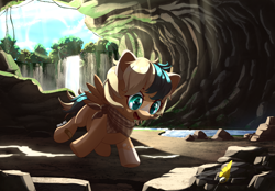 Size: 3600x2500 | Tagged: safe, artist:nihithebrony, imported from derpibooru, oc, oc:sun light, pegasus, pony, badge, brooch, cave, clothes, commission, cute, day, daylight, daytime, detailed background, female, filly, flying, foal, green eyes, jewelry, lens flare, moss, open mouth, open smile, pegasus oc, river, rock, scarf, searching, smiling, solo, spread wings, stream, tree, vine, water, waterfall, wings
