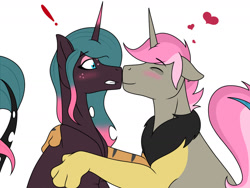 Size: 1280x960 | Tagged: safe, artist:katpocketmonster, imported from derpibooru, oc, oc only, oc:jam drop, oc:molasses, changepony, hybrid, pony, unicorn, blushing, duo, gay, heart, interspecies offspring, kissing, magical lesbian spawn, male, offspring, parent:princess cadance, parent:queen chrysalis, parents:cadalis, simple background, white background