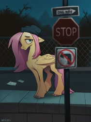 Size: 3000x4000 | Tagged: safe, artist:zazush-una, imported from derpibooru, fluttershy, pegasus, pony, alternate hairstyle, concave belly, female, hat, lidded eyes, looking at you, mare, solo, stop sign, street sign