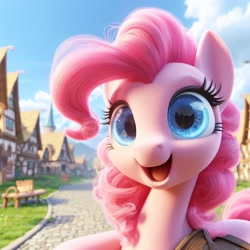 Size: 1024x1024 | Tagged: safe, imported from derpibooru, pinkie pie, earth pony, ai content, ai generated, bench, cloud, cute, detailed, diapinkes, female, generator:bing image creator, grass, looking at you, mare, open mouth, outdoors, realistic, sky, smiling, smiling at you, solo, town