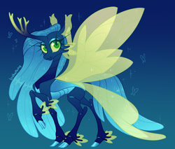 Size: 2465x2098 | Tagged: safe, artist:bishopony, imported from derpibooru, queen chrysalis, changedling, changeling, concave belly, female, gradient background, looking at you, mare, purified chrysalis, smiling, smiling at you, solo, thin