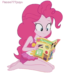 Size: 608x600 | Tagged: safe, artist:pacoo777yuyu, imported from derpibooru, pinkie pie, human, equestria girls, equestria girls series, forgotten friendship, friendship math, barefoot, clothes, feet, female, magazine, one-piece swimsuit, pinkie pie swimsuit, reading, simple background, smiling, solo, swimsuit, transparent background