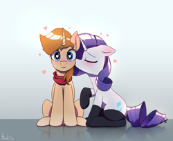 Size: 2664x2160 | Tagged: safe, artist:harukiicat, imported from derpibooru, rarity, oc, pony, unicorn, blushing, canon x oc, clothes, duo, eyes closed, g4, heart, heart eyes, kissing, love, nervous sweat, simple background, sitting, socks, surprised, wingding eyes