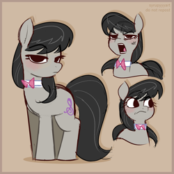 Size: 2500x2500 | Tagged: safe, artist:syrupyyy, imported from derpibooru, octavia melody, earth pony, pony, blushing, bowtie, cross-popping veins, emanata, eye clipping through hair, eyebrows, eyebrows visible through hair, female, frown, g4, high res, lidded eyes, looking at you, mare, no catchlights, octavia is not amused, open mouth, solo, unamused