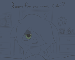 Size: 1020x807 | Tagged: safe, artist:castafae, imported from derpibooru, oc, oc only, oc:radio, earth pony, pony, bedroom, female, floppy ears, hair over one eye, lidded eyes, mare, monochrome, solo, tired