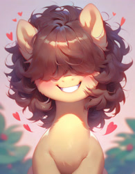 Size: 3200x4096 | Tagged: safe, imported from derpibooru, oc, oc:brownie, earth pony, pony, ai content, ai generated, beautiful, blushing, brown mane, bust, cute, earth pony oc, generator:purplesmart.ai, generator:stable diffusion, grin, hair over eyes, heart, messy mane, portrait, prompt in description, prompter:diego96, simple background, smiling, solo, teeth, upscaled, weapons-grade cute