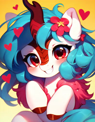 Size: 3200x4096 | Tagged: safe, imported from derpibooru, oc, unnamed oc, kirin, pony, ai content, ai generated, beautiful, blue mane, blushing, bust, cute, female, filly, foal, generator:purplesmart.ai, generator:stable diffusion, grin, heart, hooves, kirin oc, long hair, looking at you, messy mane, portrait, prompt in description, prompter:diego96, red eyes, simple background, smiling, solo, teeth, upscaled, weapons-grade cute, white coat