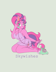 Size: 1582x2048 | Tagged: safe, artist:mscolorsplash, imported from derpibooru, skywishes, anthro, earth pony, breasts, busty skywishes, cleavage, clothes, colored pupils, eyebrows, eyebrows visible through hair, female, g3, green background, high heels, kneeling, mare, name, nightgown, phone, shoes, simple background, solo
