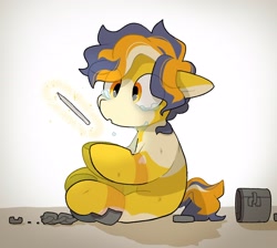 Size: 3066x2749 | Tagged: safe, artist:mochi_nation, imported from derpibooru, oc, oc only, oc:moth, earth pony, pony, coat markings, crying, female, floppy ears, mare, shackles, sitting, solo, stylus, tears of joy