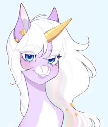 Size: 1969x2300 | Tagged: safe, artist:ruru_01, imported from derpibooru, oc, oc only, pony, unicorn, blue background, blue eyes, bust, ear piercing, female, golden horn, long hair, long mane, looking at you, multicolored hair, piercing, portrait, rainbow hair, simple background, smiling, smiling at you, solo, solo female, stars