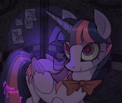 Size: 1746x1484 | Tagged: safe, artist:clowncarpal, imported from derpibooru, twilight sparkle, alicorn, pony, bowtie, colored wings, colored wingtips, female, five nights at freddy's, looking at you, mare, solo, twilight sparkle (alicorn), wings