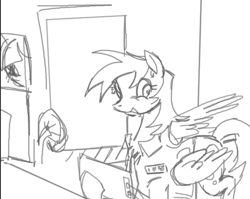 Size: 851x676 | Tagged: safe, artist:clowncarpal, imported from derpibooru, derpy hooves, pegasus, pony, black and white, clothes, computer, fan, female, five nights at freddy's, grayscale, mare, monochrome, sketch, solo