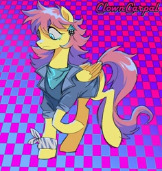 Size: 1593x1688 | Tagged: safe, artist:clowncarpal, imported from derpibooru, fluttershy, pegasus, pony, 80s, alternate hairstyle, clothes, ear piercing, earring, everything old, female, jacket, jewelry, mare, piercing, solo