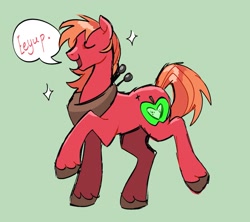 Size: 1541x1370 | Tagged: safe, artist:clowncarpal, imported from derpibooru, big macintosh, earth pony, pony, dialogue, eeyup, green background, horse collar, male, raised hoof, simple background, speech bubble, stallion, unshorn fetlocks