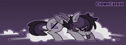 Size: 1611x582 | Tagged: safe, artist:clowncarpal, imported from derpibooru, oc, oc only, pegasus, pony, cloud, on a cloud, purple background, simple background, sleeping, solo