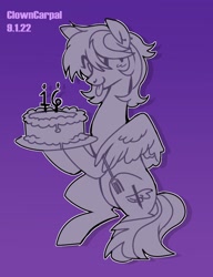 Size: 1574x2050 | Tagged: safe, artist:clowncarpal, imported from derpibooru, oc, oc only, pegasus, pony, birthday, cake, ear piercing, food, fork, gradient background, piercing, purple background, simple background, solo, wing hold, wings