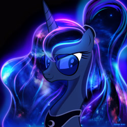 Size: 4000x4000 | Tagged: safe, artist:zidanemina, imported from derpibooru, princess luna, alicorn, alternate hairstyle, black background, bust, ethereal mane, female, g4, mare, portrait, simple background, smiling, solo, starry mane