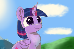 Size: 3072x2048 | Tagged: safe, artist:maonyman, imported from derpibooru, twilight sparkle, alicorn, pony, chest fluff, cloud, ear fluff, female, folded wings, grass, horn, looking up, mare, mountain, sky, smiling, solo, unicorn horn, wings