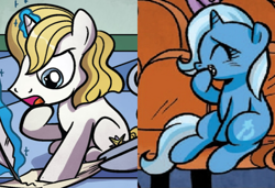 Size: 812x555 | Tagged: safe, edit, idw, imported from derpibooru, prince blueblood, trixie, pony, unicorn, spoiler:comic40, spoiler:comicdeviations, colt, colt blueblood, cropped, cute, diatrixes, female, filly, filly trixie, foal, g4, magic, magic aura, male, parchment, quill, ship:bluetrix, shipping, shipping domino, sitting, snickering, straight, younger