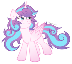 Size: 1280x1152 | Tagged: safe, artist:supasurida, imported from derpibooru, princess flurry heart, alicorn, pony, bags under eyes, female, looking back, mare, messy mane, older, older flurry heart, simple background, smiling, solo, teenage flurry heart, teenager, tired, transparent background