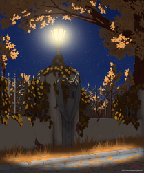 Size: 1348x1612 | Tagged: safe, artist:eriada, imported from derpibooru, alicorn, autumn, bust, grass, lamppost, leaves, night, no pony, path, starry night, statue, streetlight, treee, wall