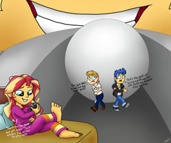 Size: 974x820 | Tagged: safe, artist:vanillabeam, imported from derpibooru, flash sentry, sunset shimmer, oc, oc:vanilla beam, human, equestria girls, ball, barefoot, close-up, clothes, dialogue, feet, female, grin, maze, micro, pajamas, running, shrinking, shrunk, sitting on bed, smiling