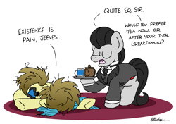 Size: 2379x1671 | Tagged: safe, artist:bobthedalek, imported from derpibooru, oc, oc only, oc:jeeves, oc:kettle master, earth pony, pony, butler, clothes, exhausted, eyes closed, messy mane, suit, teapot, tray