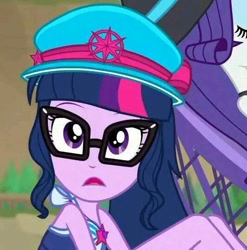 Size: 533x540 | Tagged: safe, imported from derpibooru, screencap, rarity, sci-twi, twilight sparkle, equestria girls, equestria girls series, forgotten friendship, cap, clothes, cropped, glasses, hat, open mouth, sci-twi swimsuit, swimsuit, wide eyes